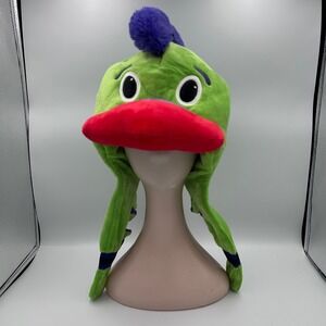 Smoothie King Green Bird Plush Trapper Hat Purple Mohawk Red Beak Novelty Cap